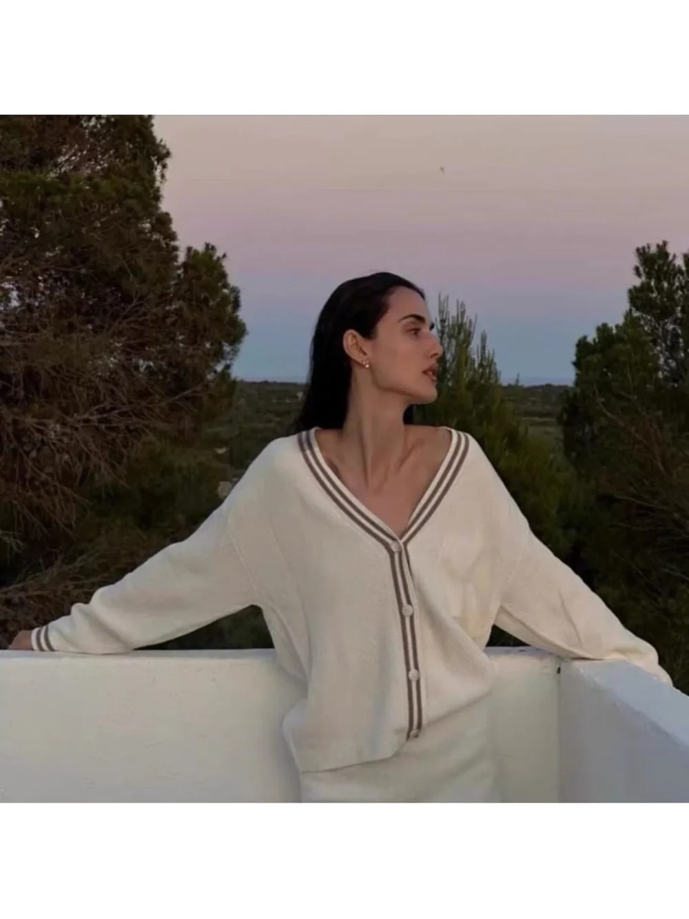 alo tennis club sweater knit cardigan Gravel/ Ivory set